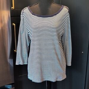 Croft & Barrow Fitted Tee Shirt Top LG Navy Blue & White Striped 100% Cotton EUC